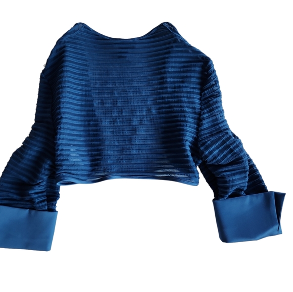 JS Collections NWT Semi-Opaque Ribbed Open Front Cropped Ocean Blue Bolero 16 - Picture 3 of 7